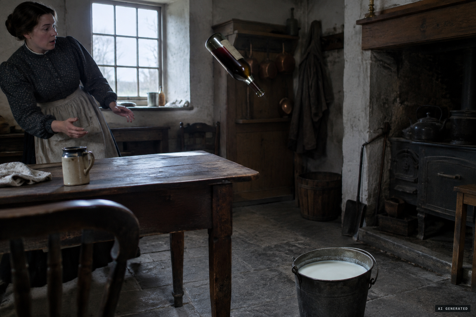 A port wine bottle leaps four feet and falls into the milk