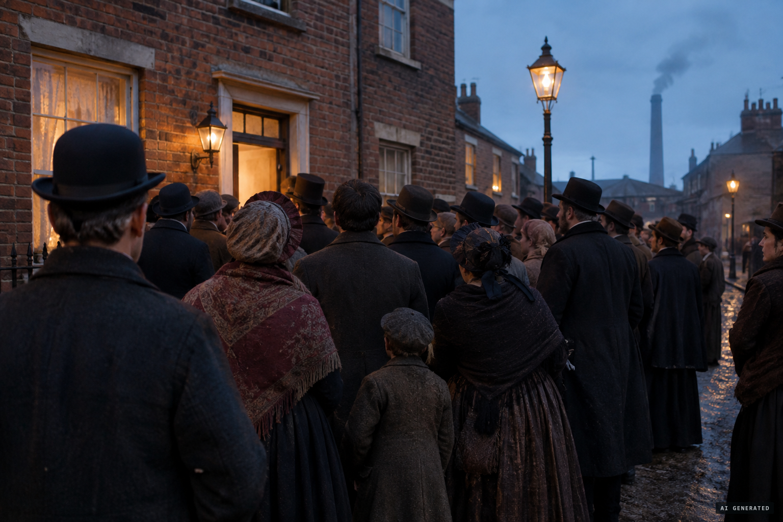 Crowds of excited persons gather outside the house