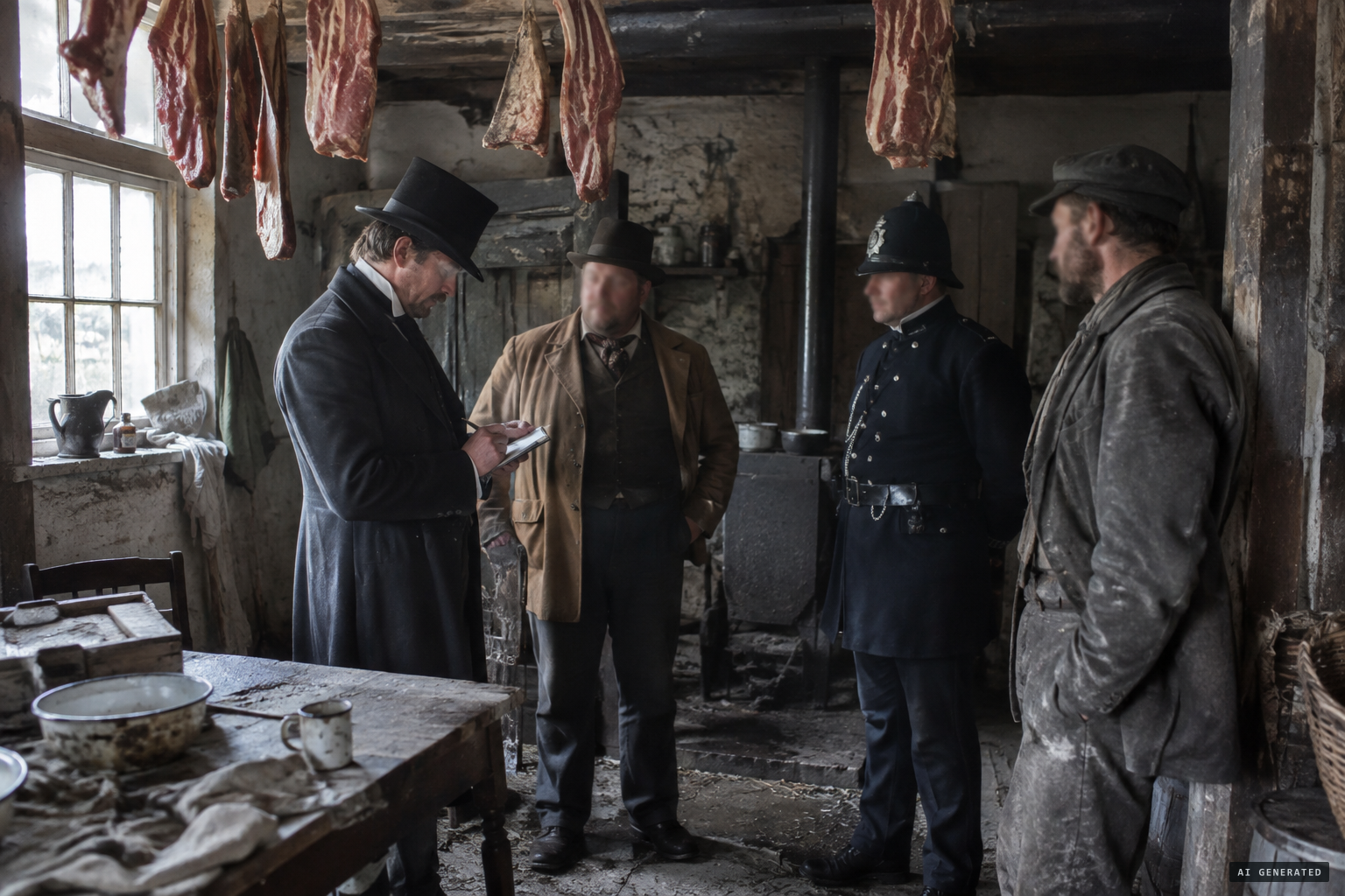 Frank Podmore takes notes in the bacon-stuffed house