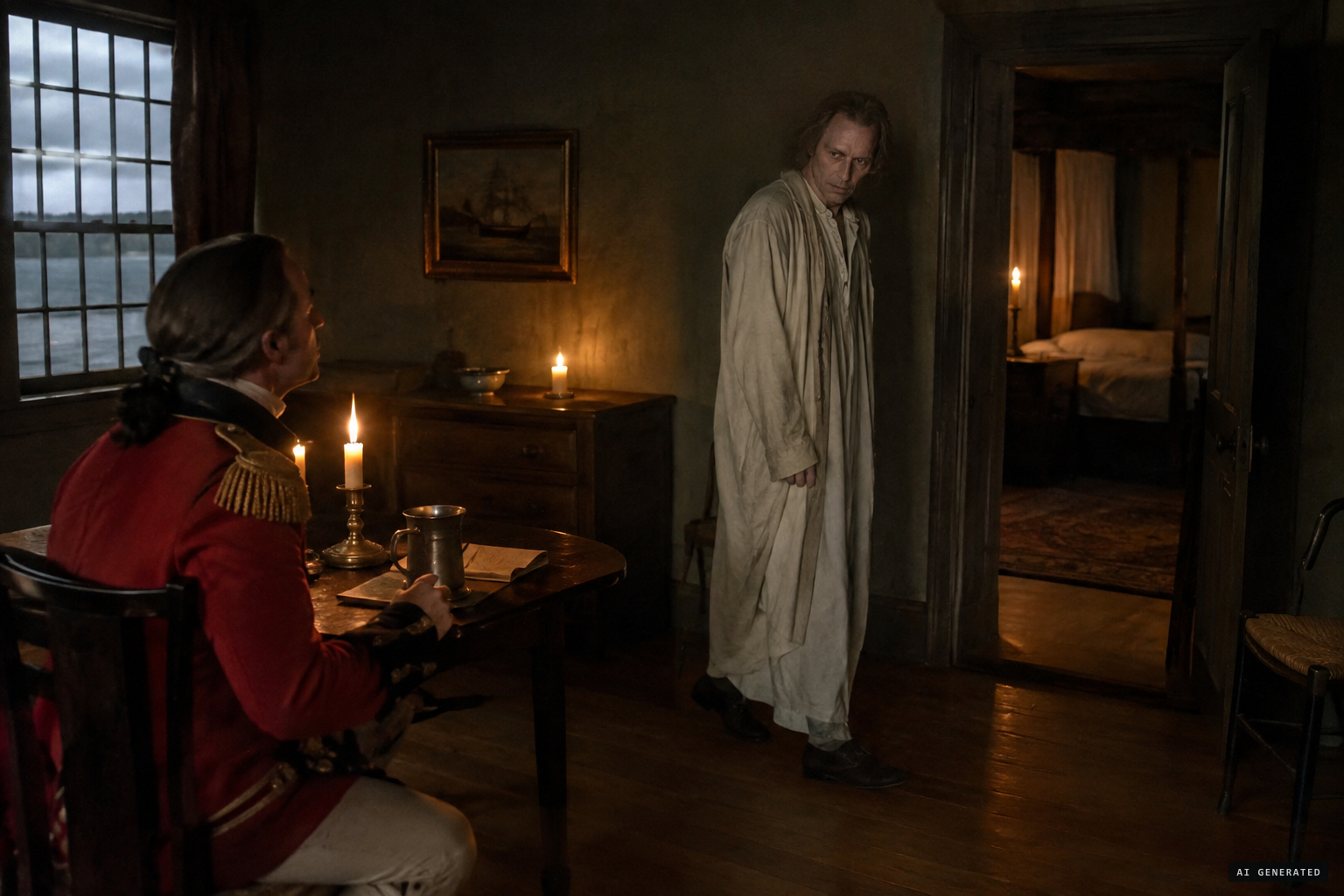 The figure crosses the room and looks at Wynyard