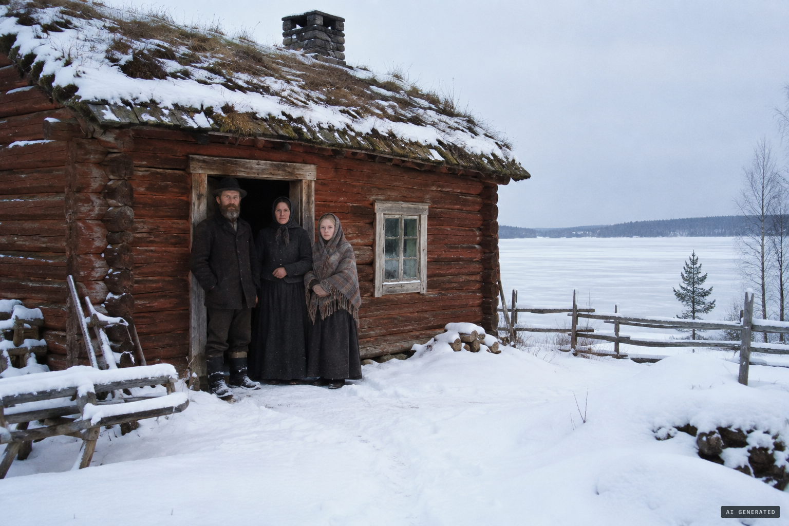 Efraim Martin's croft in Keijärvi, winter 1885, with his wife Eva Charlotta and their young servant Emma