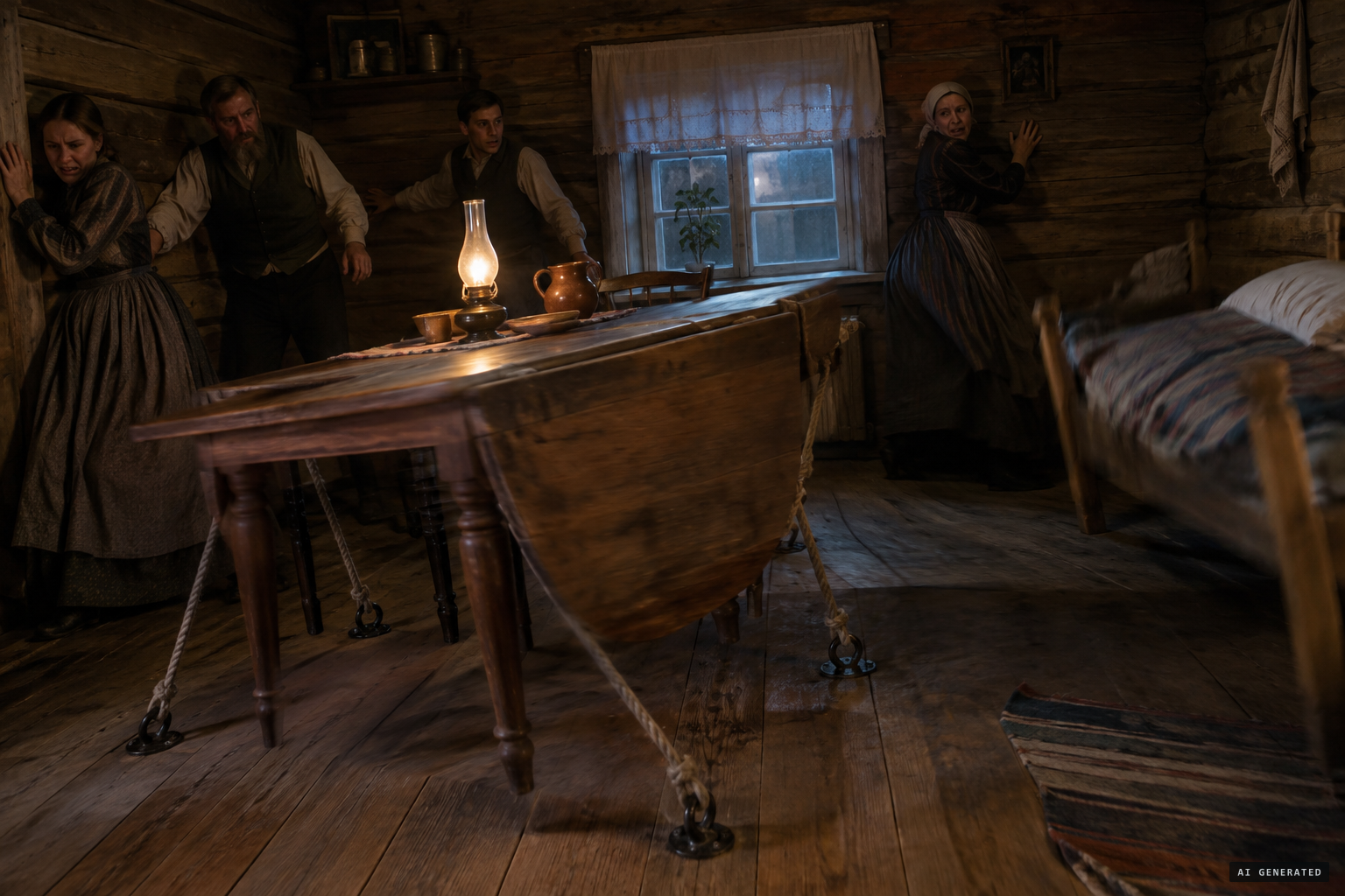 The large table, its leaves tied to the floor, keeps bouncing; beds jump
