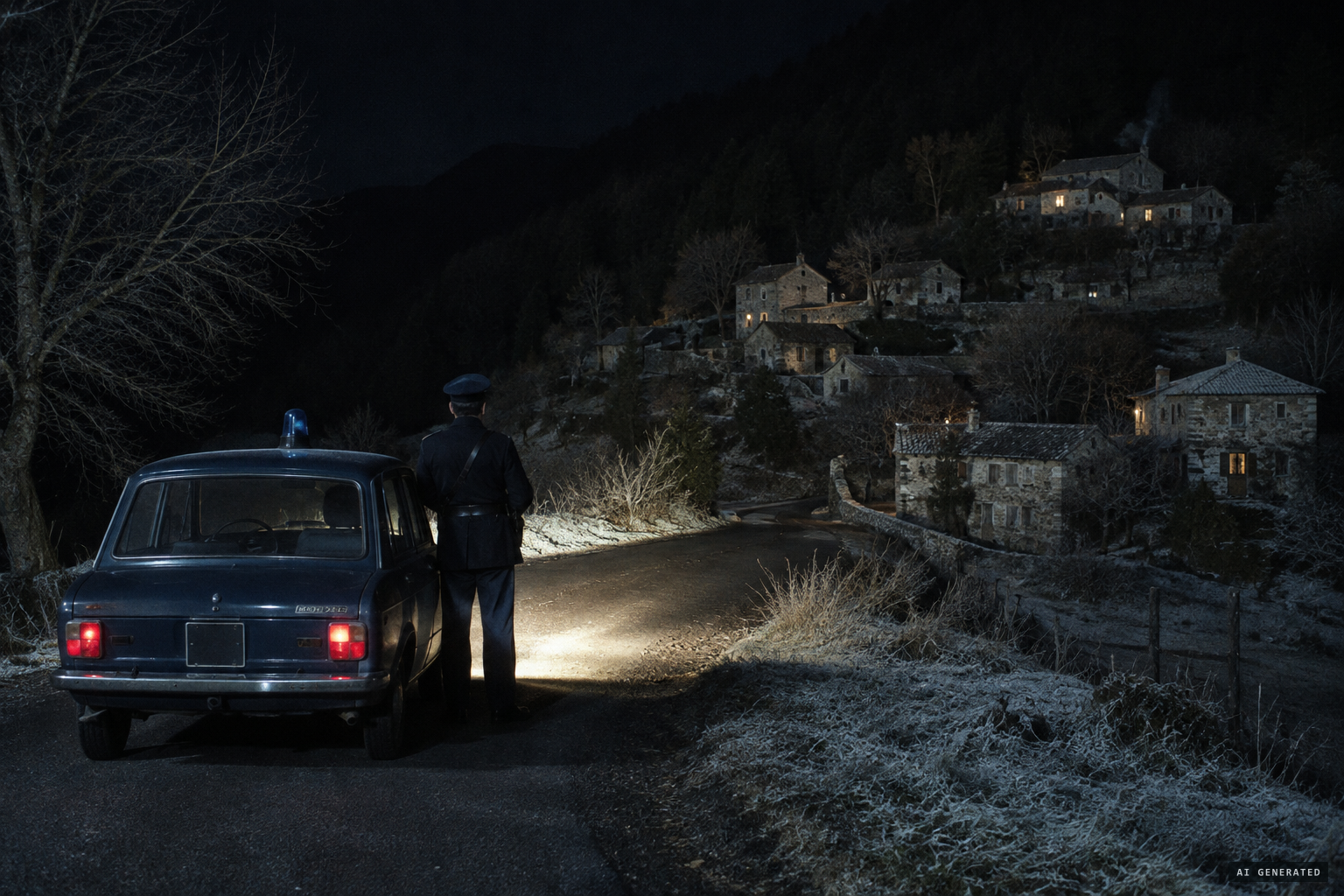 Night watchman Zanfretta on his round past the villas of Marzano, 6 December 1978