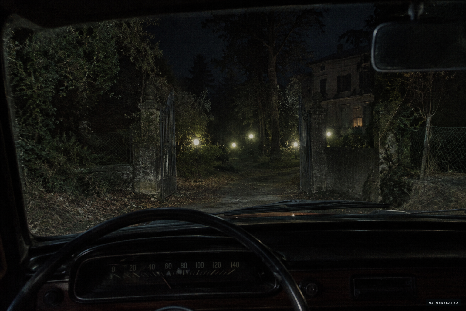 His car stalls and its lights fail as four unusual lights appear in the villa garden
