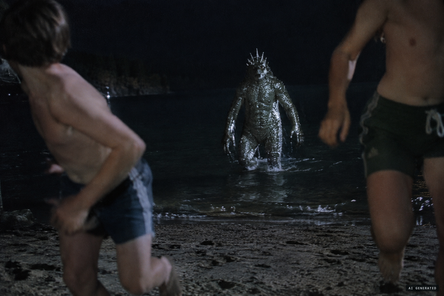 The creature comes out of the water and chases the two teenagers from the beach