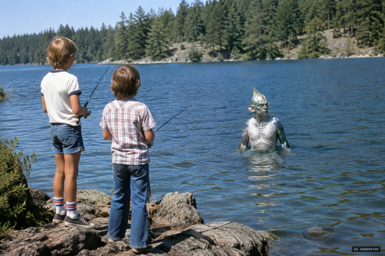 The creature rises from the water and looks around at the two young fishermen