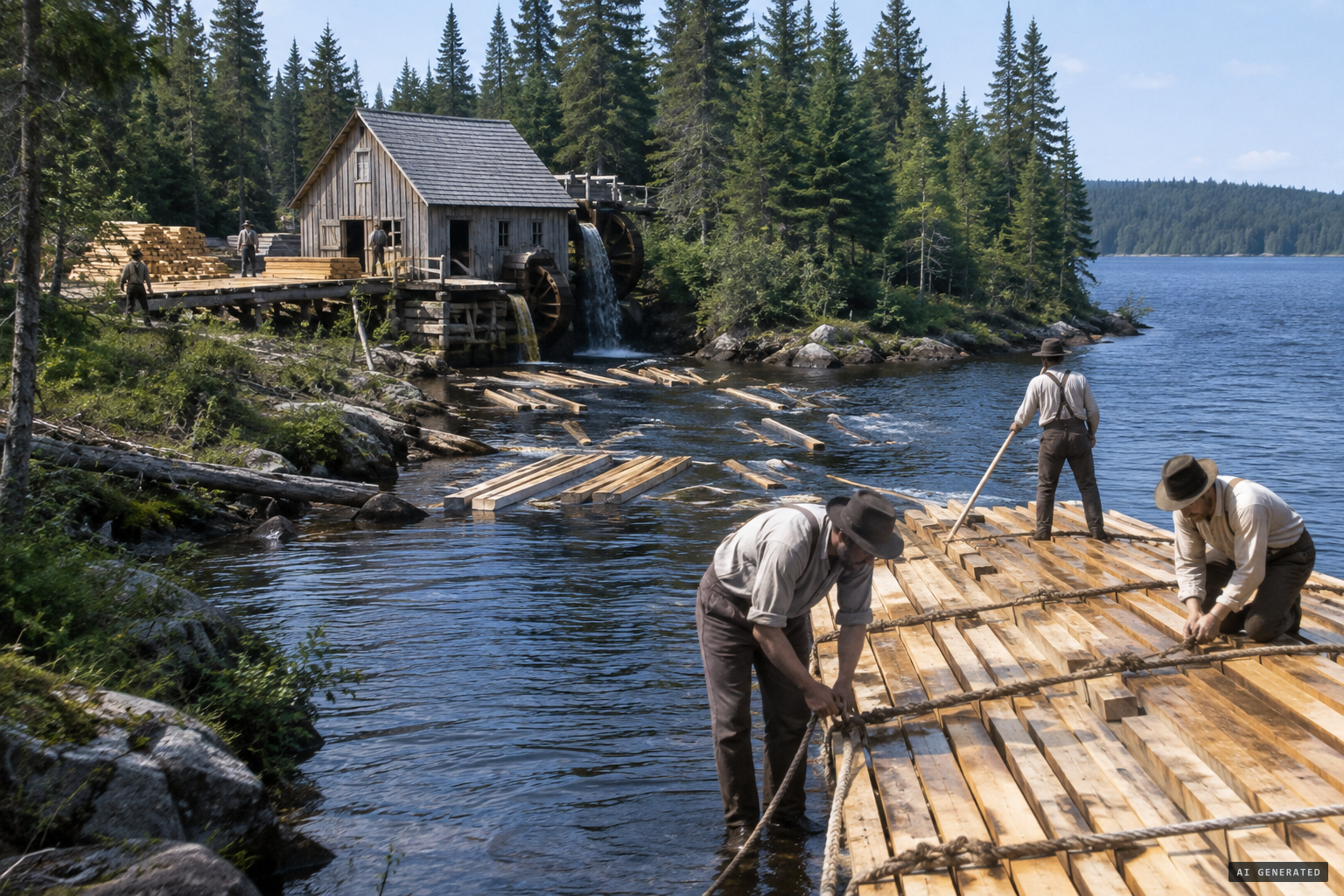 The Ludgates' saw mill on the stream, with deals rafted for St. George