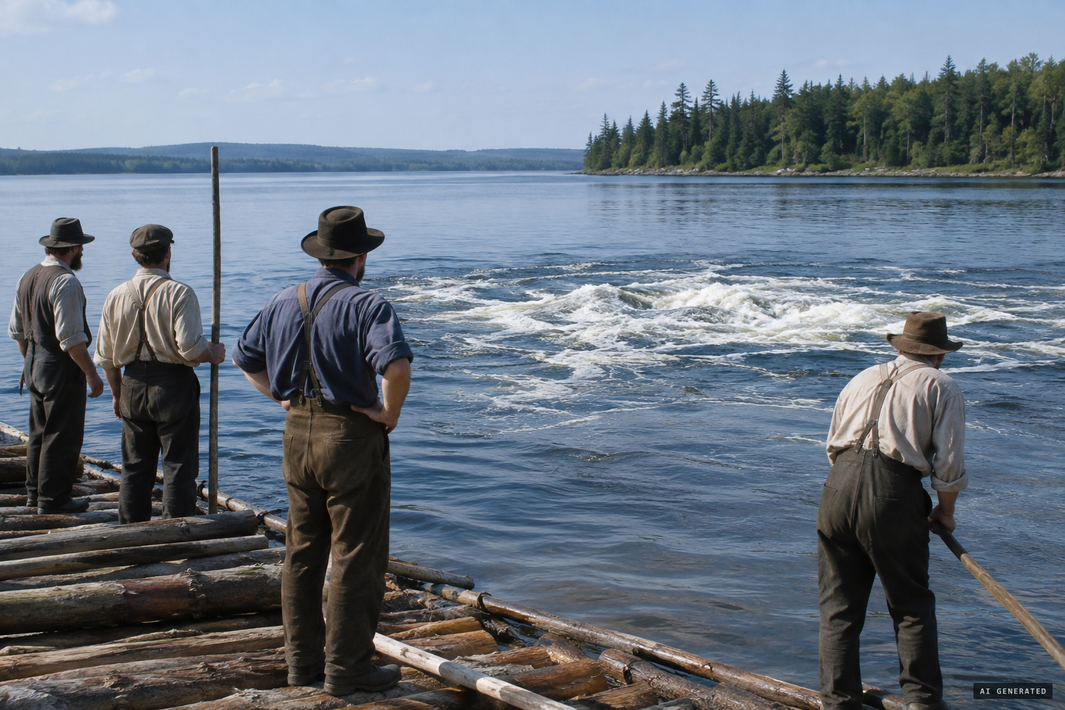 Rafting men see a violent agitation of the water out in the lake
