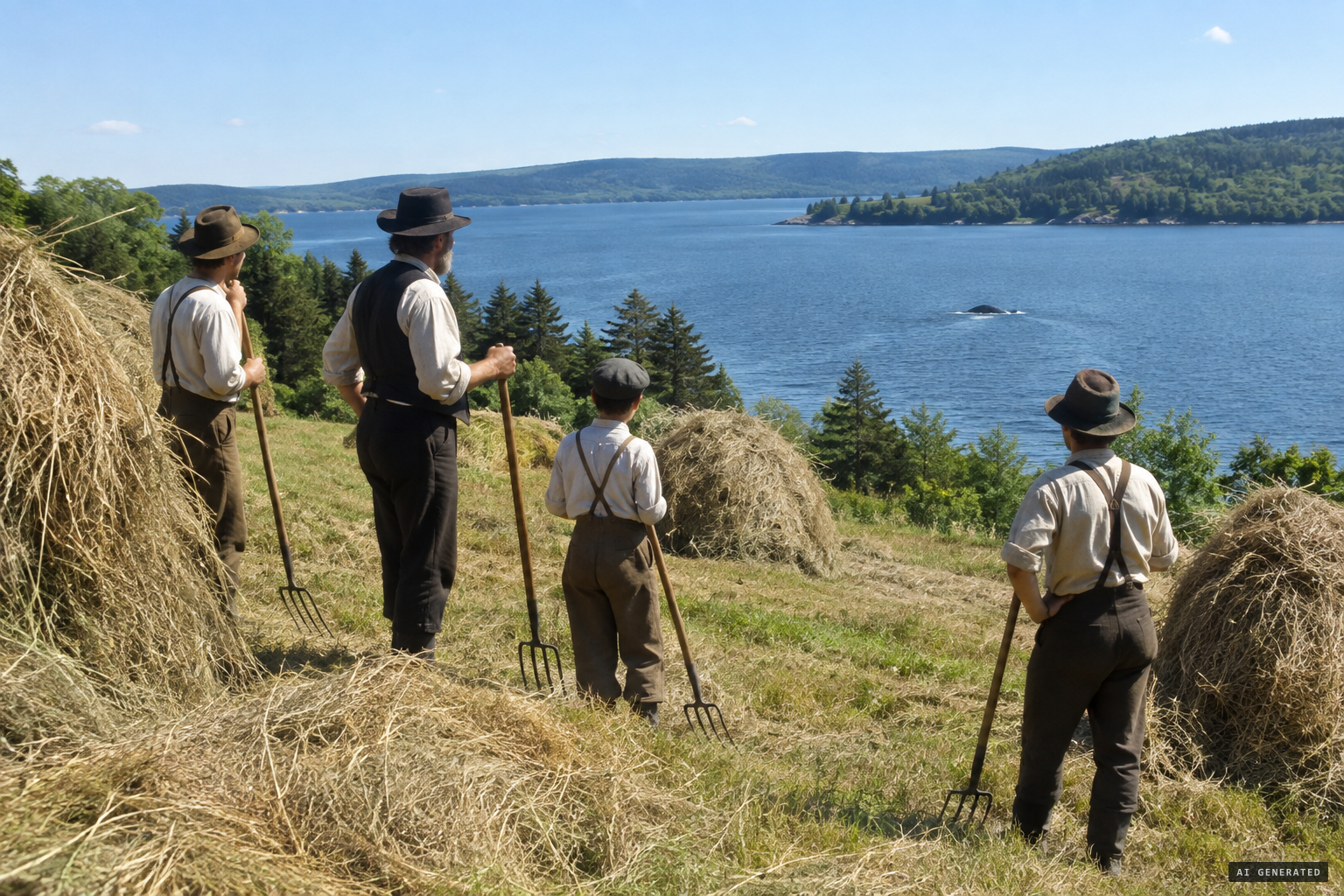 Thomas White and his haying party see it from the field