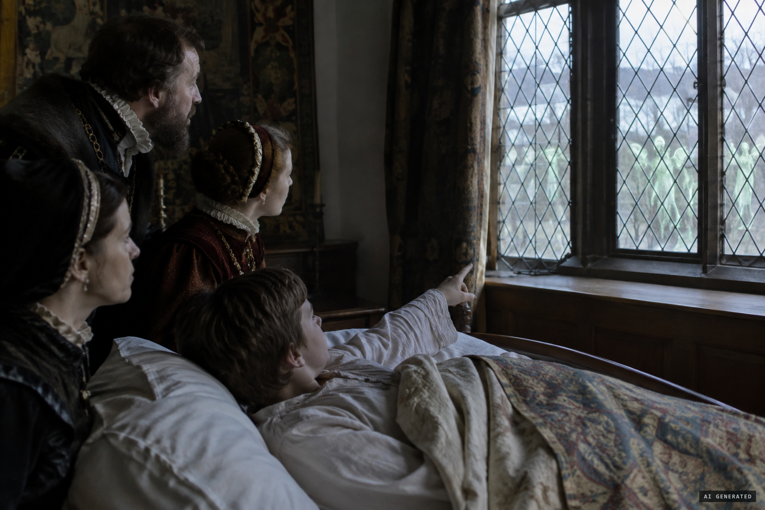 "Looke where greene Angels stand in the window"