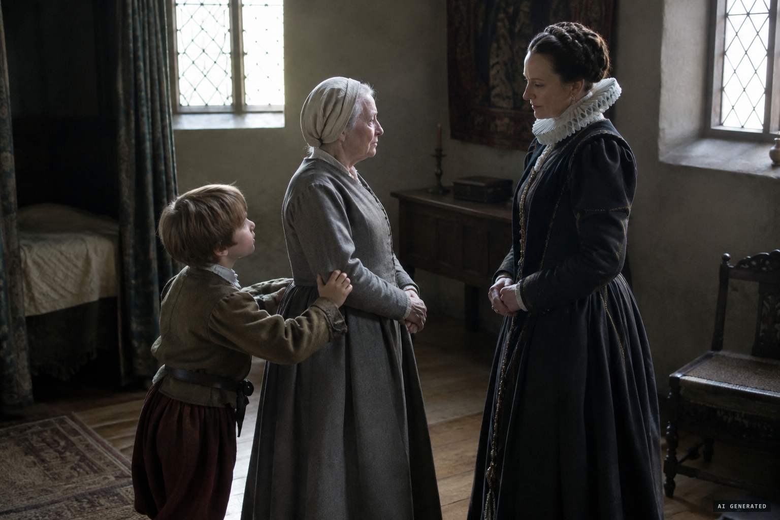 Mistress Walkeden questions Alice Gooderidge, and the boy scratches her