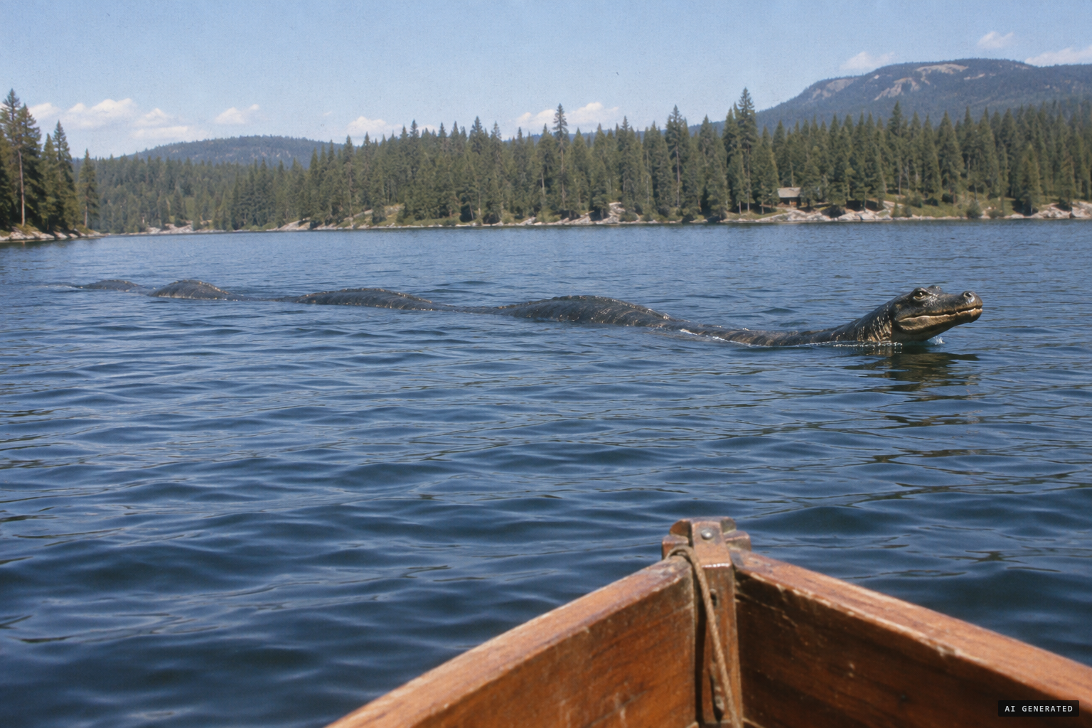 The serpent, head like a snub-nosed crocodile, 18 inches above the water