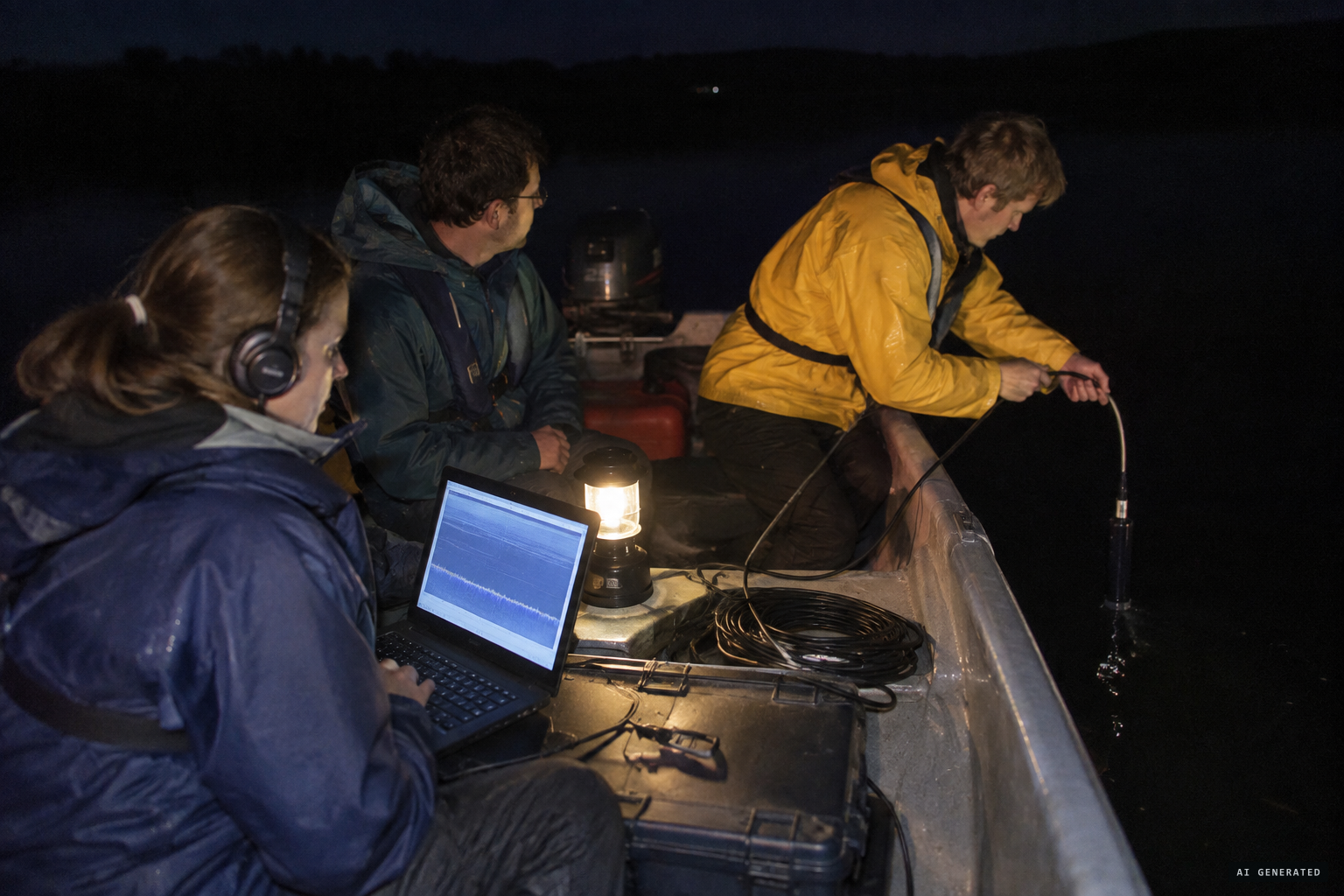 The Global Underwater Search Team listens with hydrophones at night
