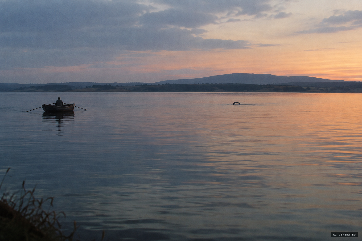 A calm lake and a looping shape that rose and sank