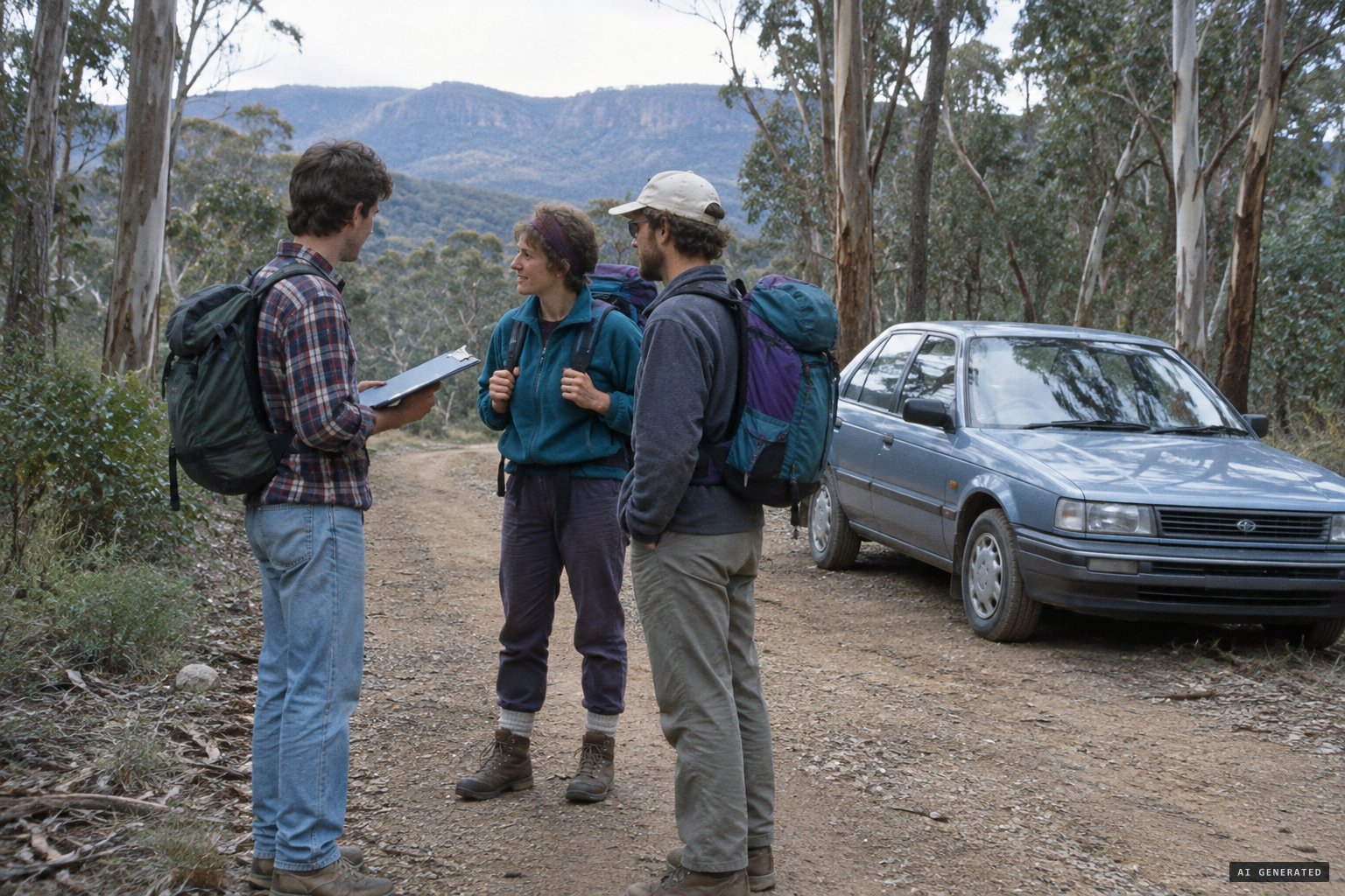 An economics student interviews bushwalkers on a remote track