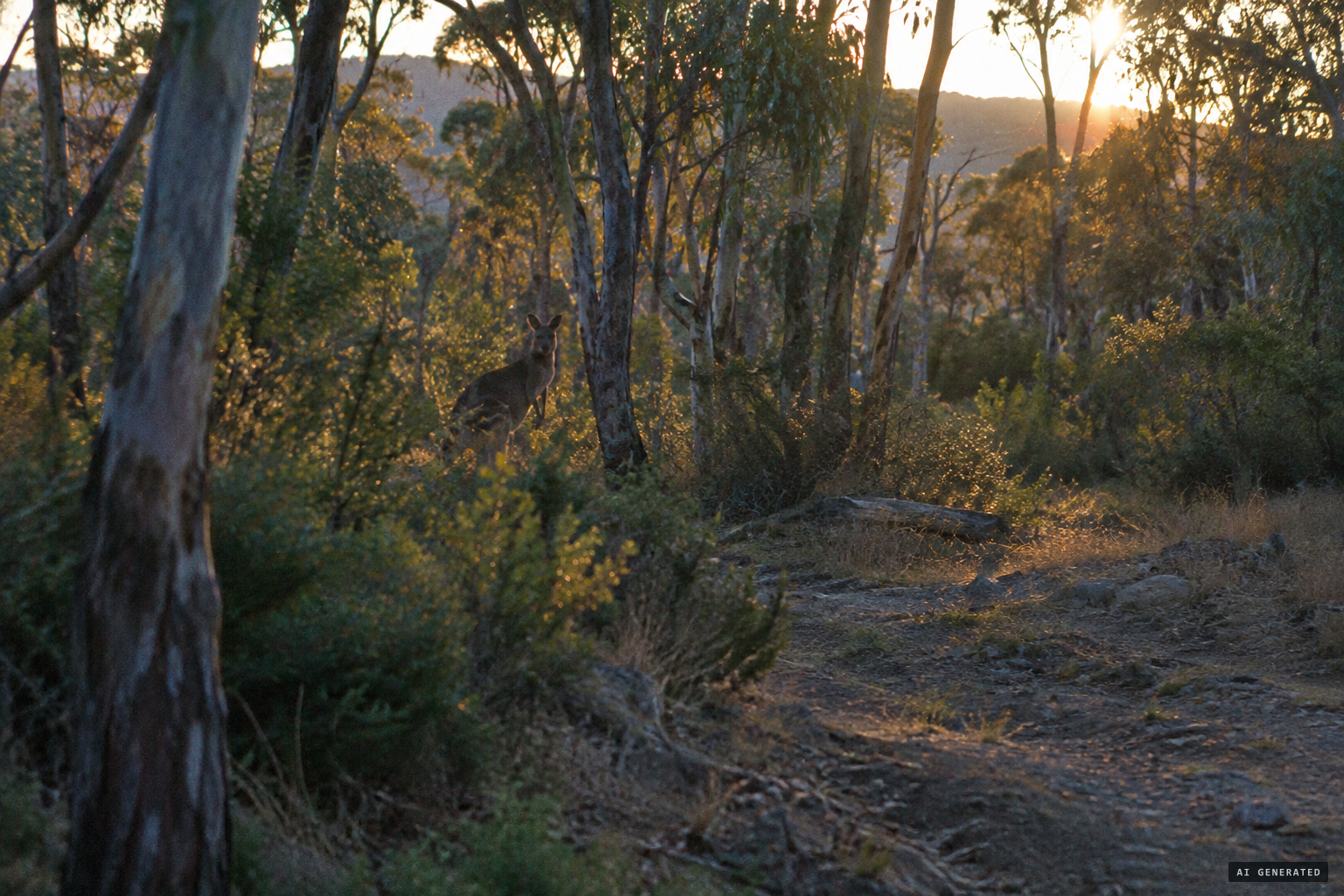Something moves in the bush; at first it looks like a large kangaroo