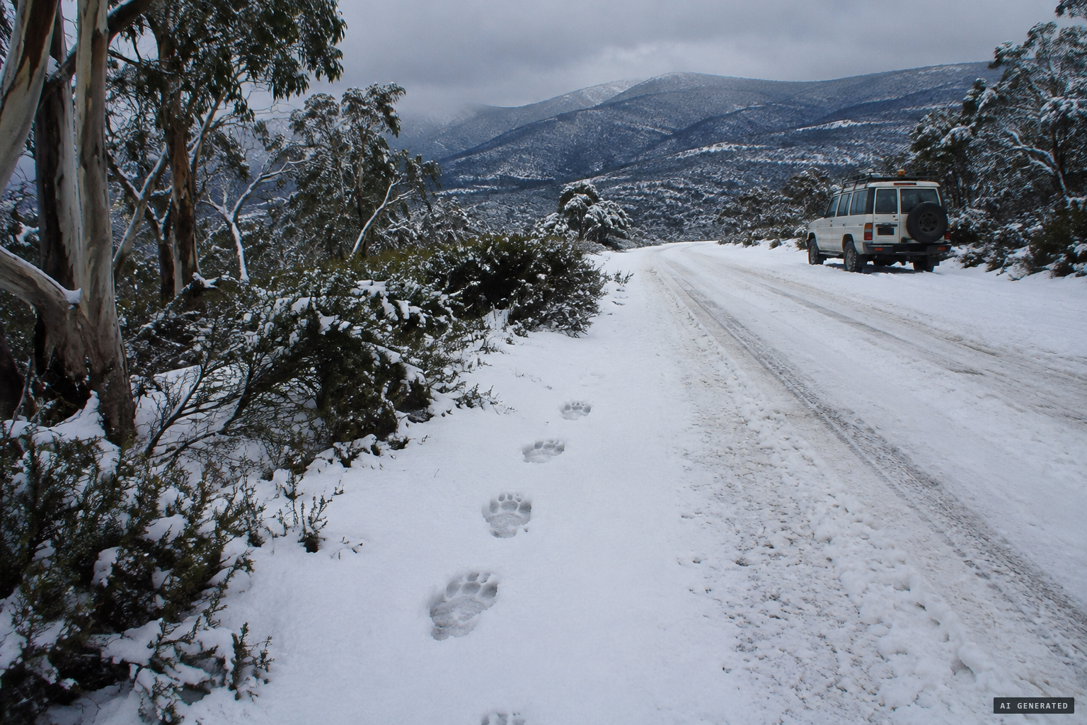 Large footprints in fresh snow on a Brindabella road