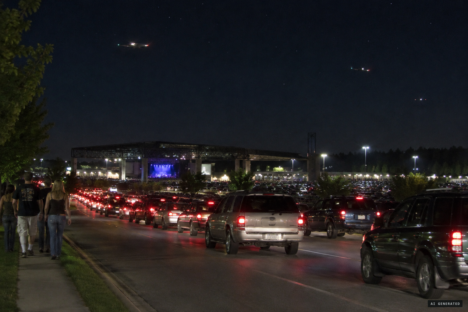Traffic streams out of the Tweeter Center after Ozzfest as planes cross the sky