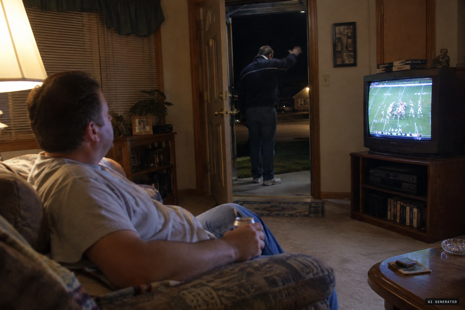A neighbour calls Bill Dooley outside during the Bears preseason game