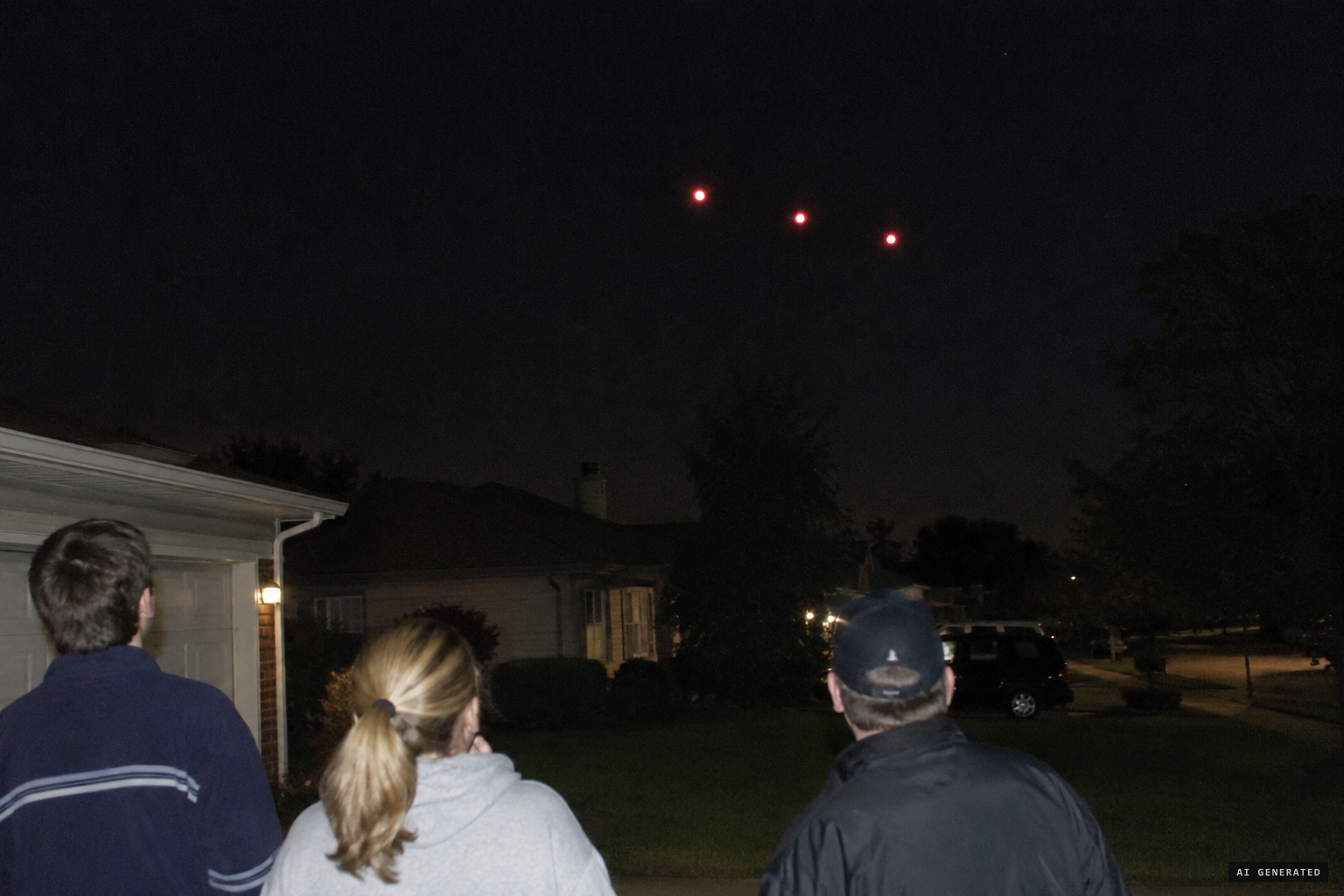 Three bright red lights come in, single file, with no sound