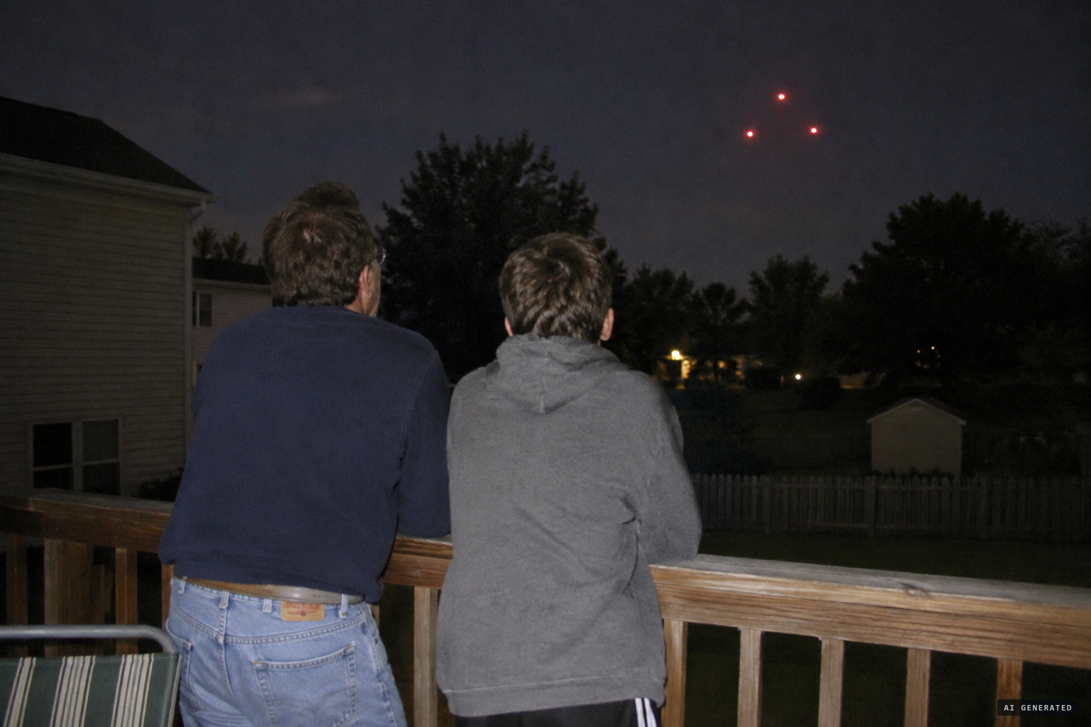 Bob and Tyler Peterson watch the lights hover from their back deck