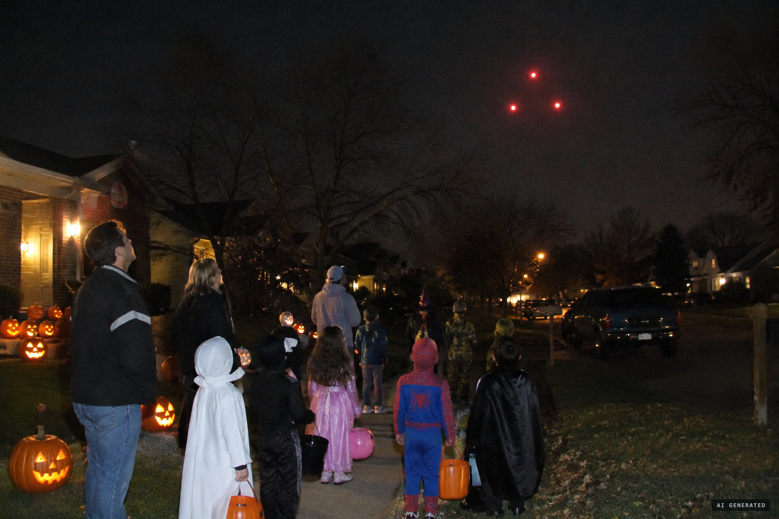 On Halloween, trick-or-treaters watch the three red lights return