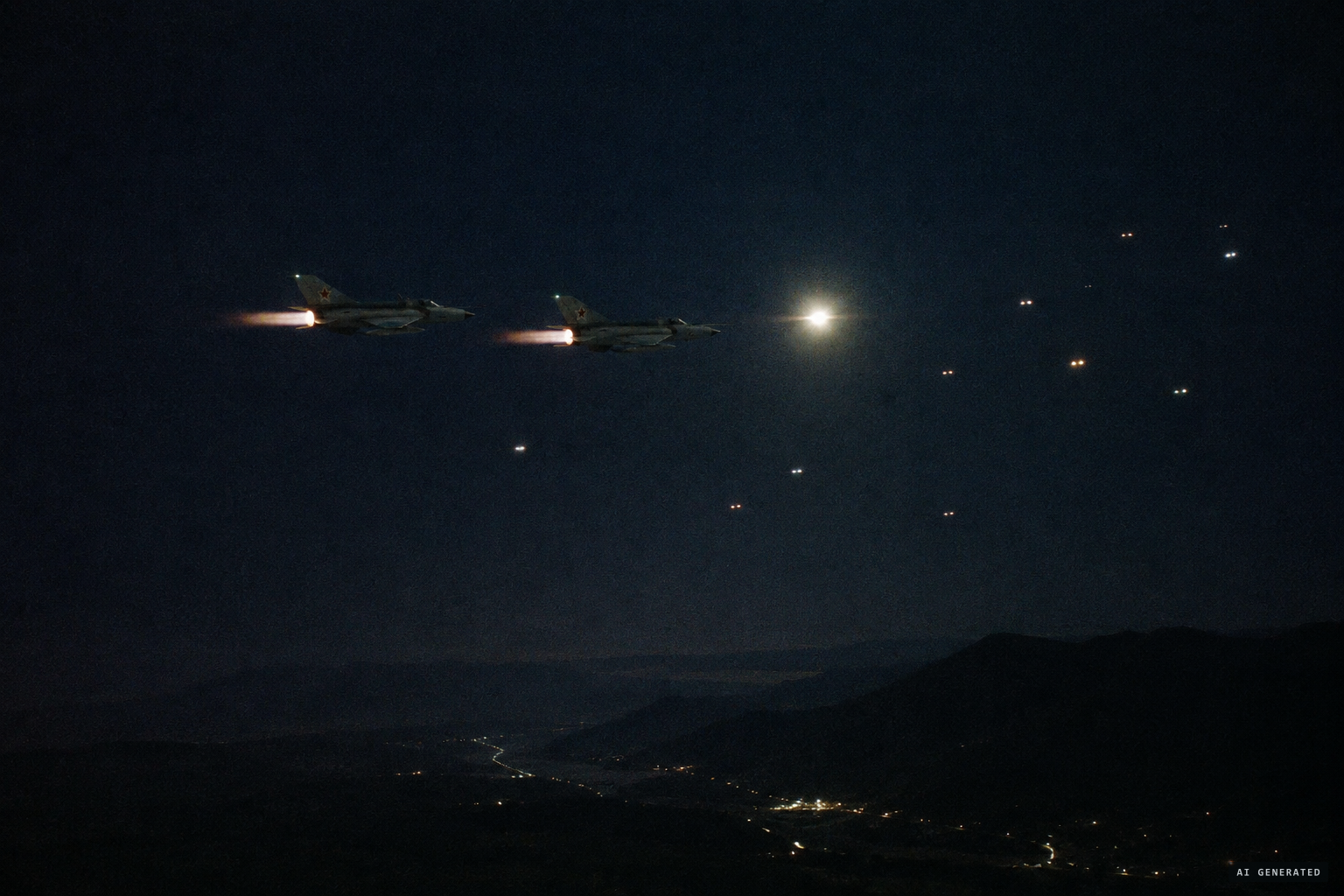 Two MiG-21s from Batajnica hunt the light, with 12 trainers as decoys