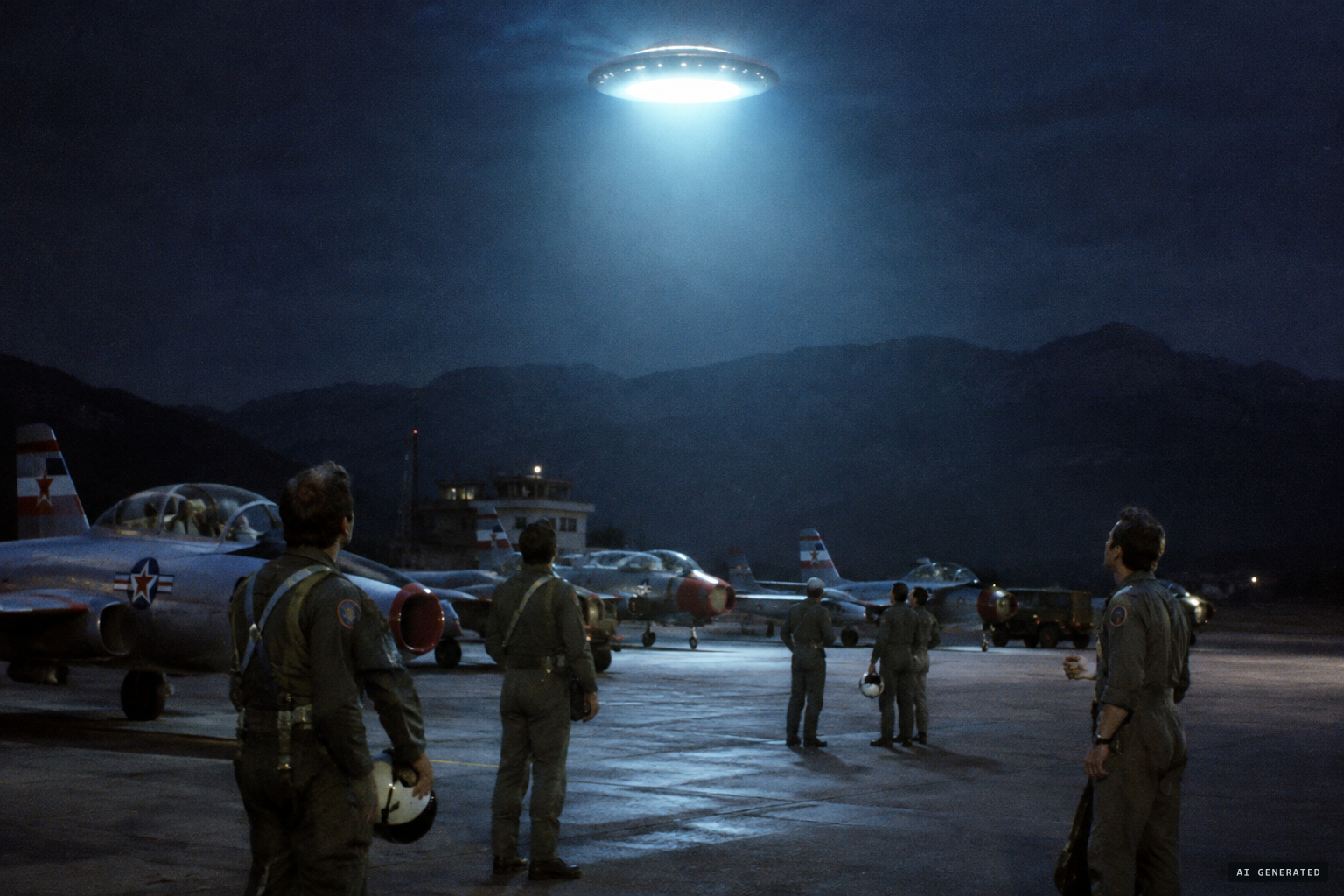 A glowing disc hovers above Golubovci, lighting up planes and pilots on the runway