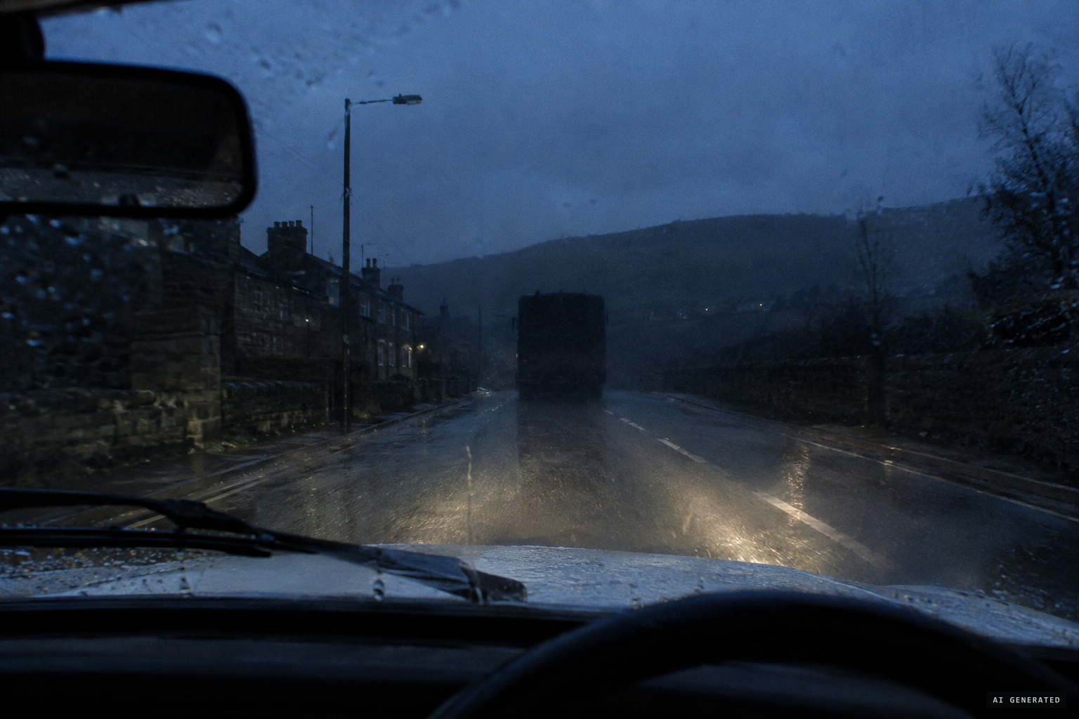 Before dawn on Burnley Road, Godfrey sees a large mass ahead and takes it for a bus