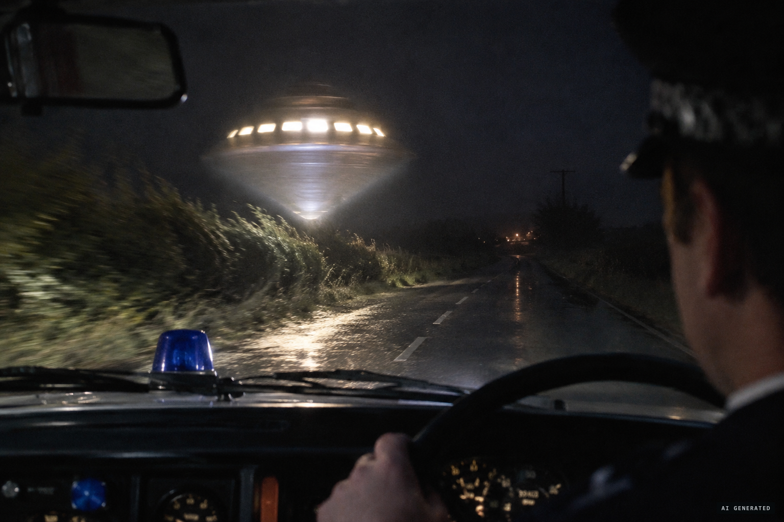 A rotating fuzzy oval, a silent diamond, hovering so low the roadside bushes shake
