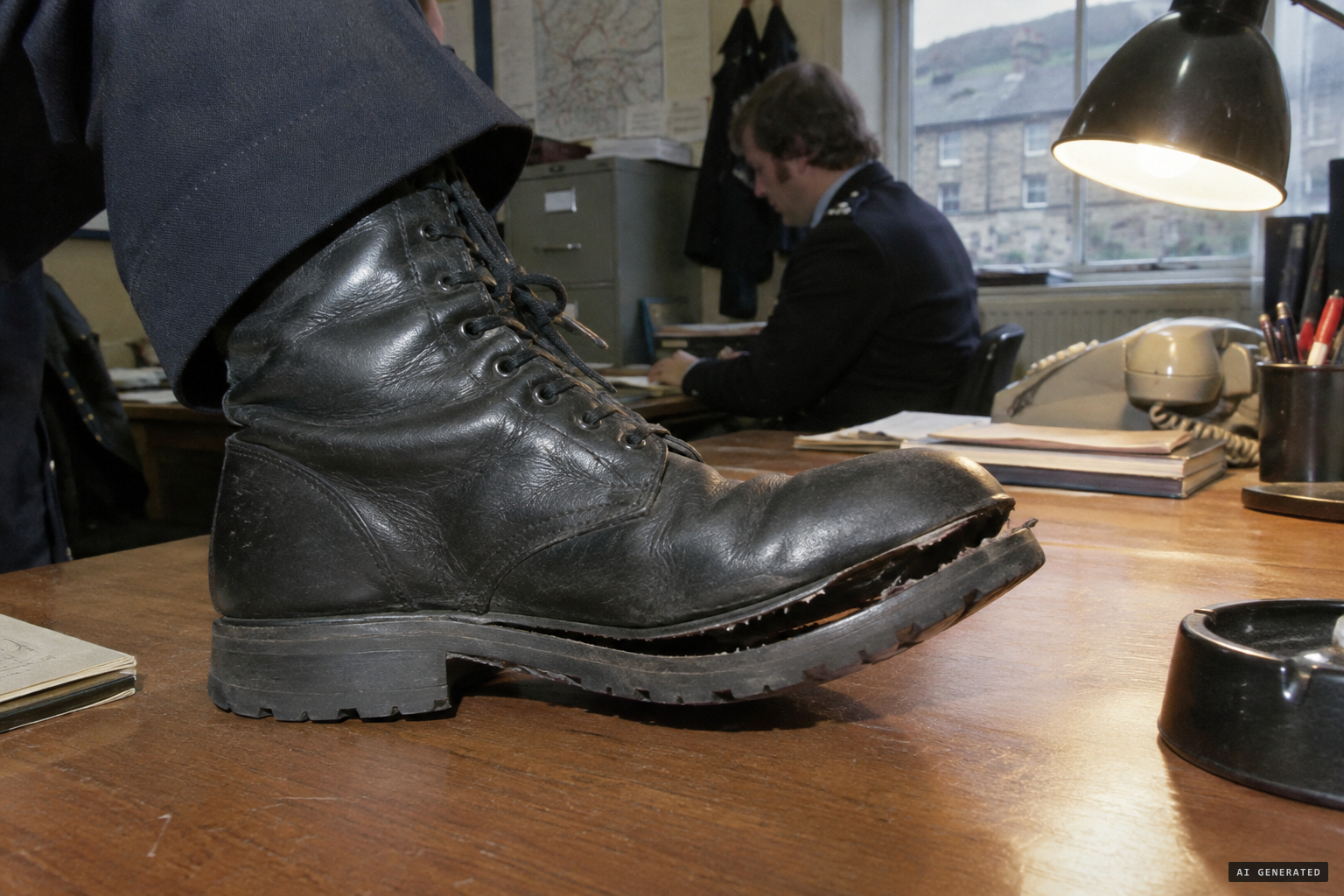 His police-issue boot, split across the sole