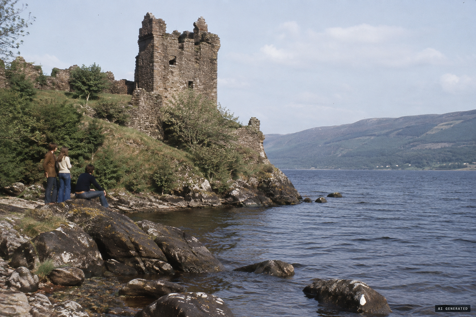The shore at the foot of Urquhart Castle, 21 May 1977