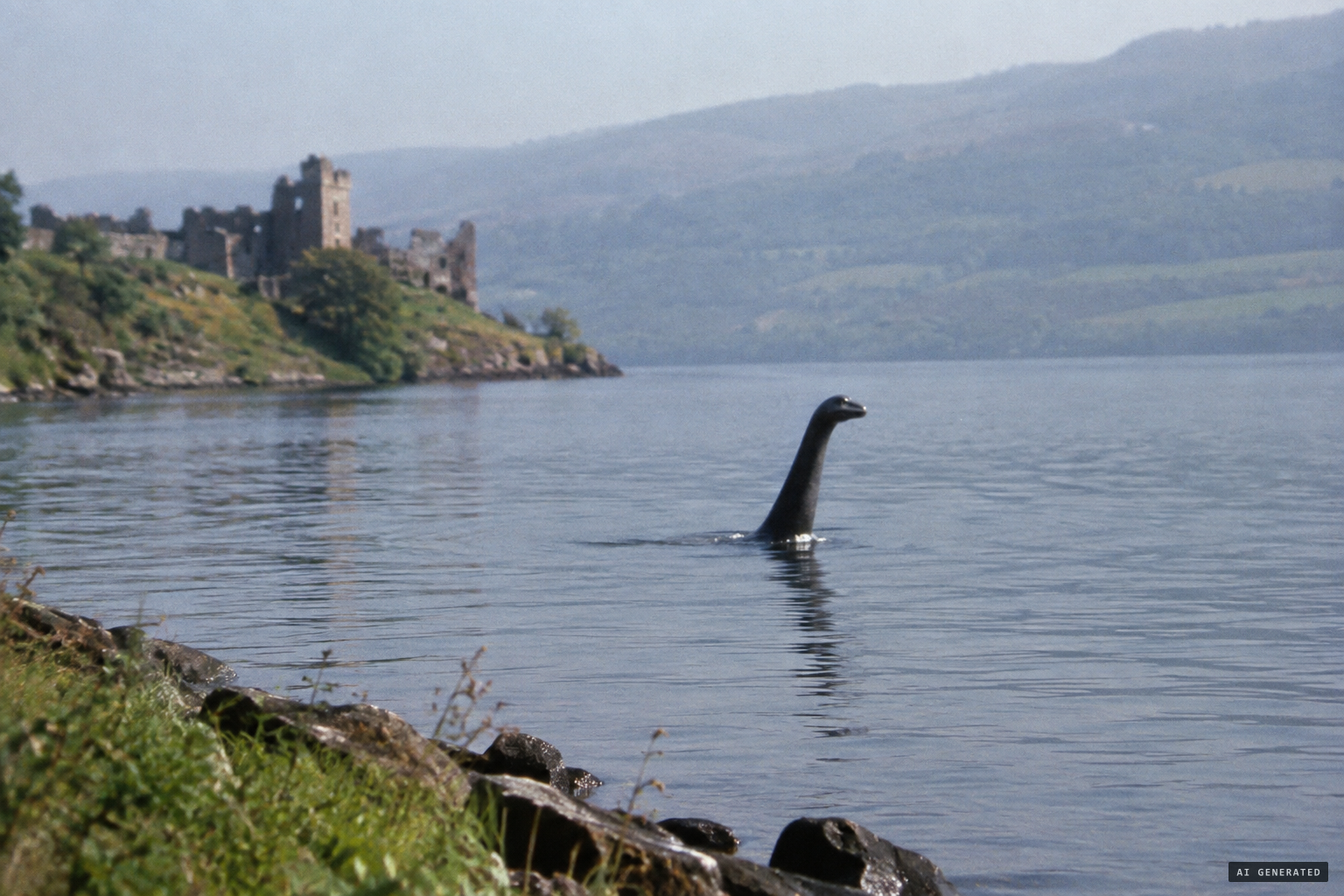 A head and erect neck rise from the loch, a white spot at its base