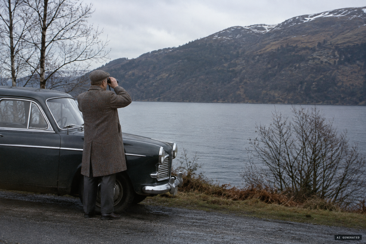 MacLeod pulls over near Invermoriston and turns his binoculars across the loch