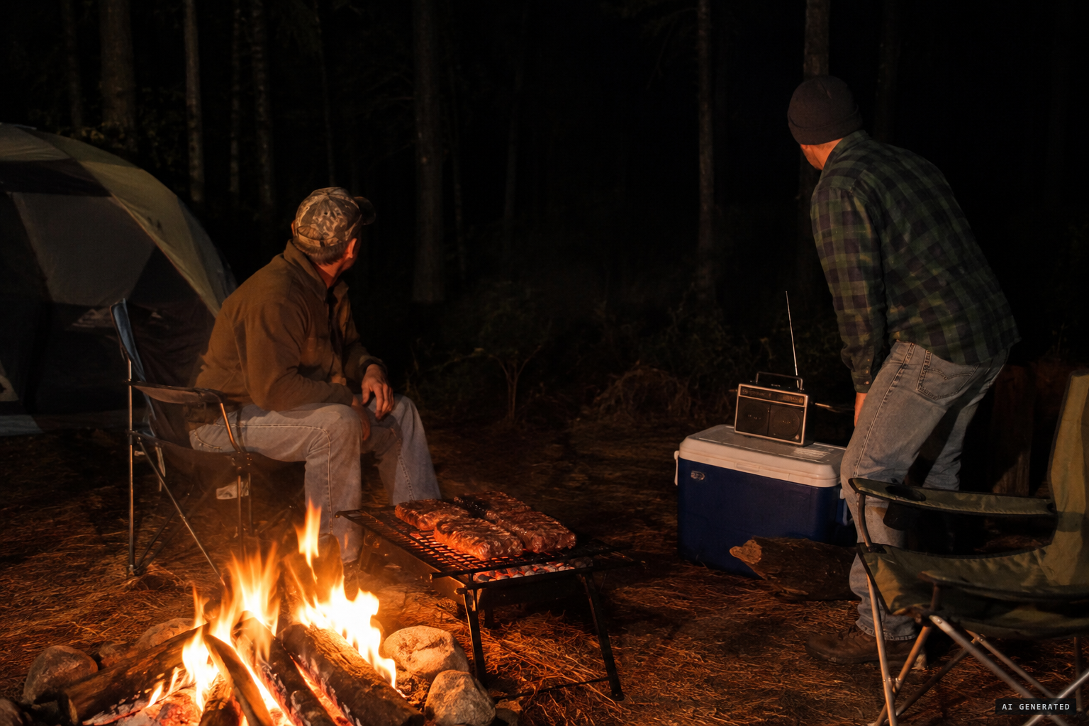Cooking ribs to metal music around midnight, the two men hear a knock in the woods.