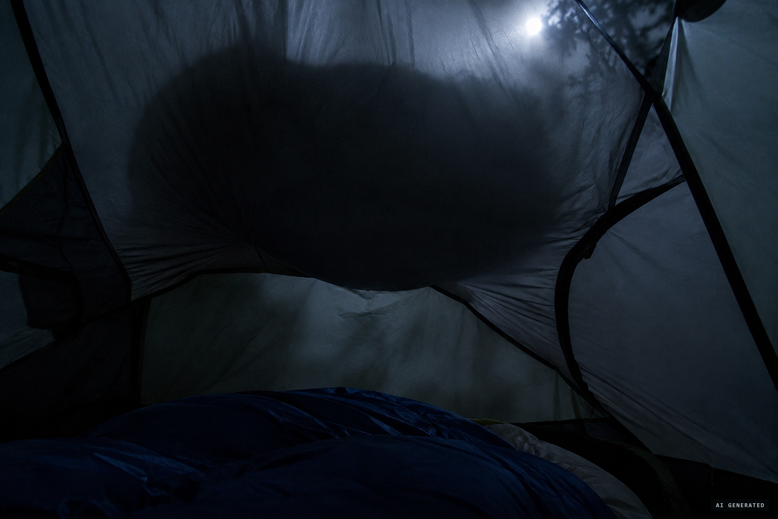 Another night, something pushes down on the top of their tent.