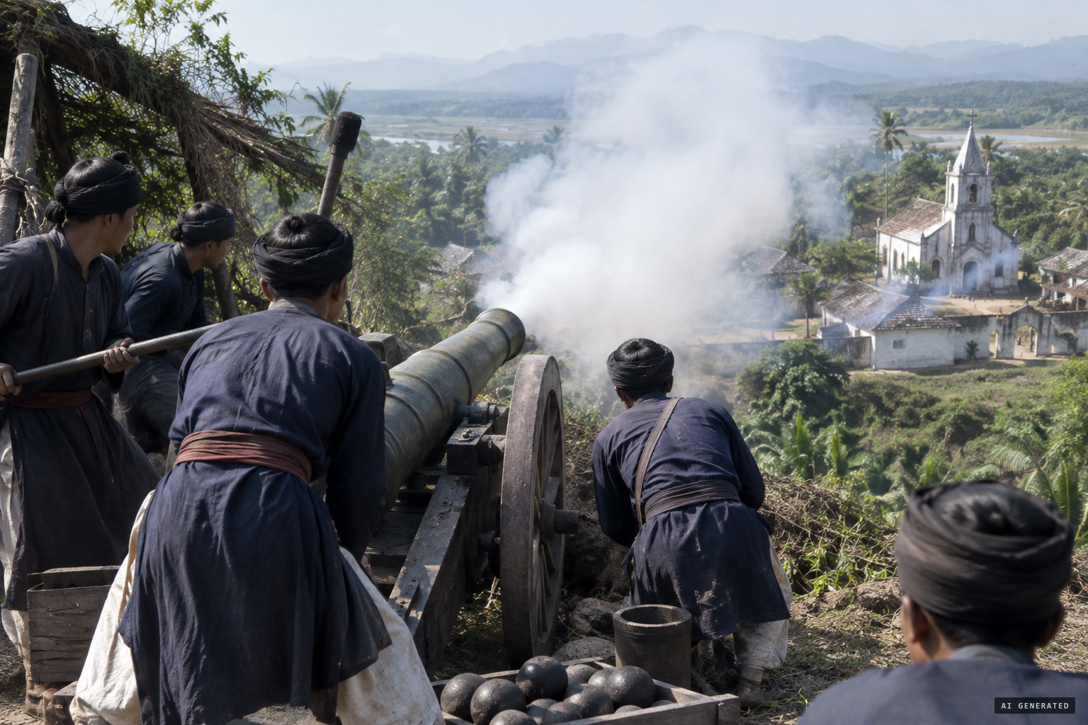 The guns on Kim Sơn hill bombard the church at close range