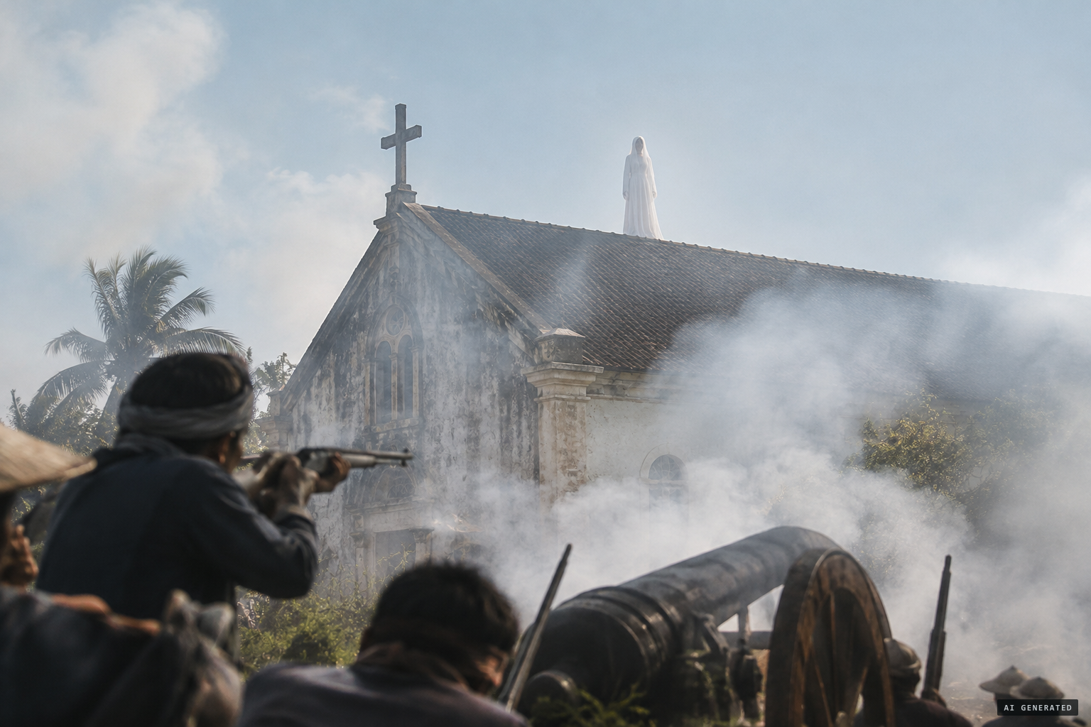 A beautiful lady in white stands on the ridge of the church roof