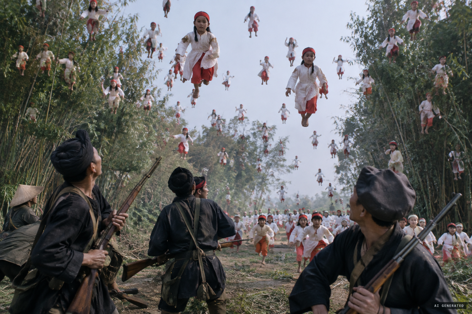 Legions of children in white and red descend along the bamboos