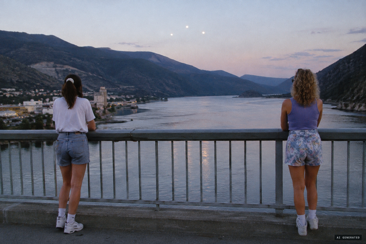 Two strangers on the bridge see three small lights above them