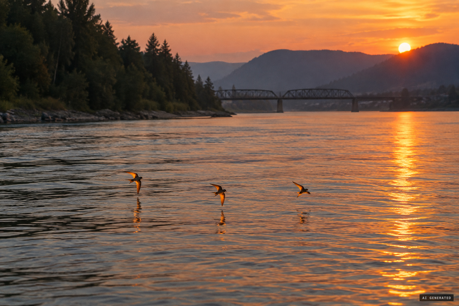 The leading explanation: birds skimming the river, wings lit by a low sun