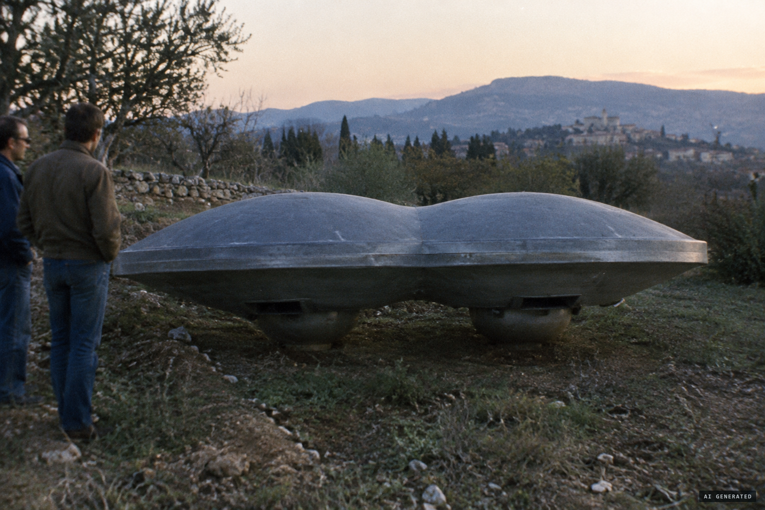 Two saucers, one inverted on the other, the colour of lead