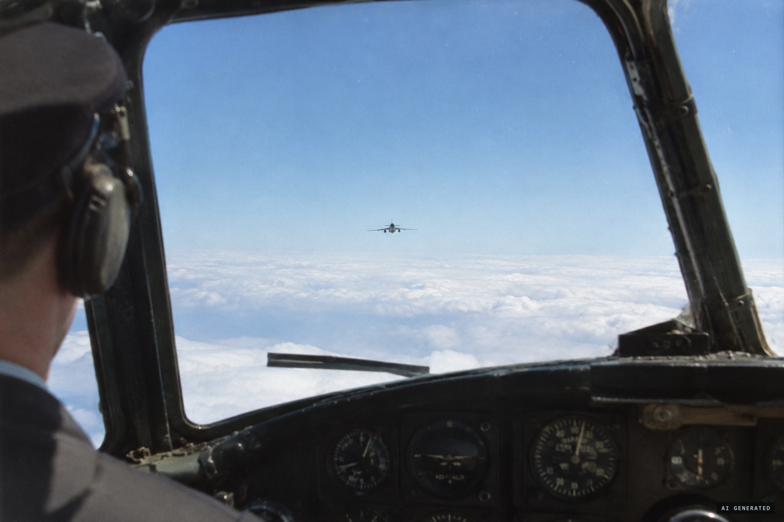 A slim silhouette racing head-on toward the DC-3 from the north