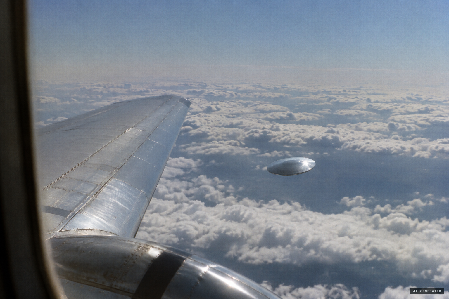 The object passes beneath the DC-3's wing and disappears from view