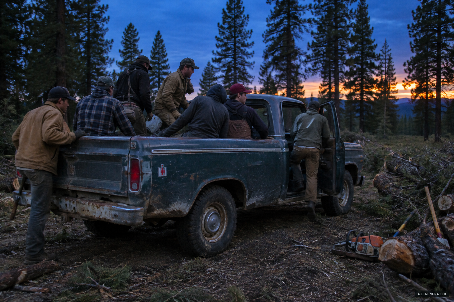 Rogers's crew leaves the Turkey Springs thinning site at dusk, November 5, 1975