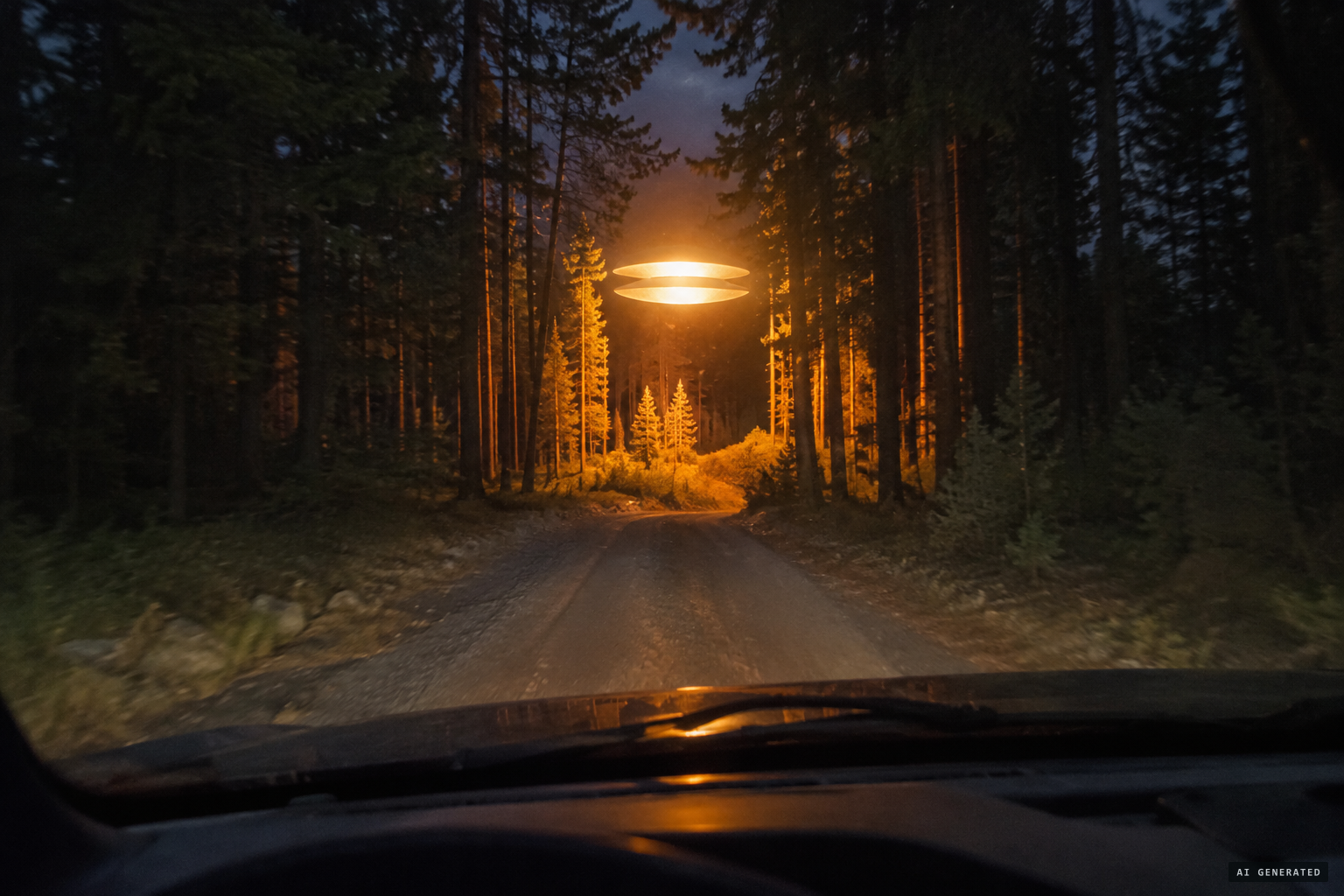 The glowing disc hovers above a clearing ahead of the truck