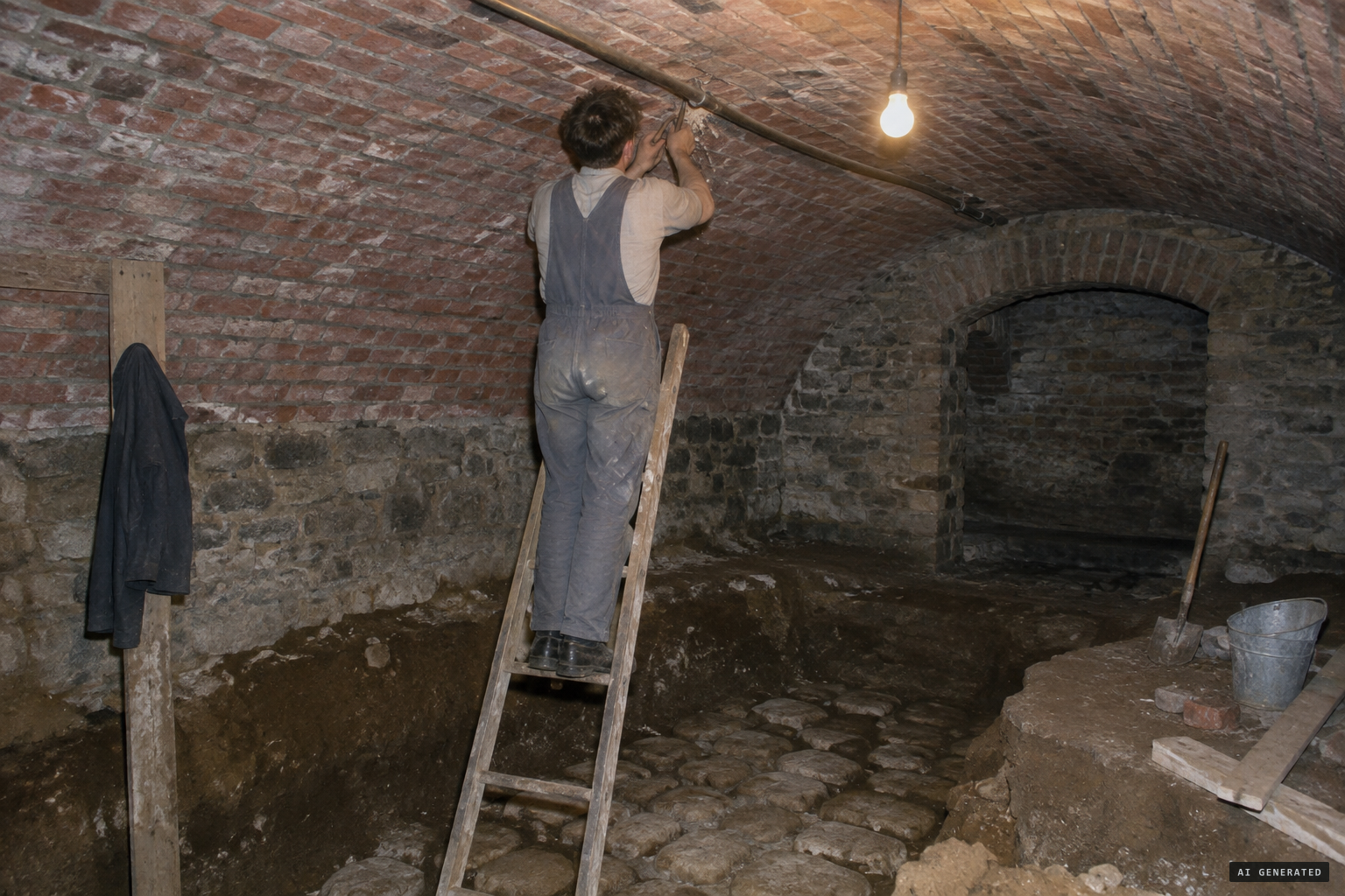 February 1953: an apprentice plumber on a ladder, cutting through the cellar's vaulted ceiling