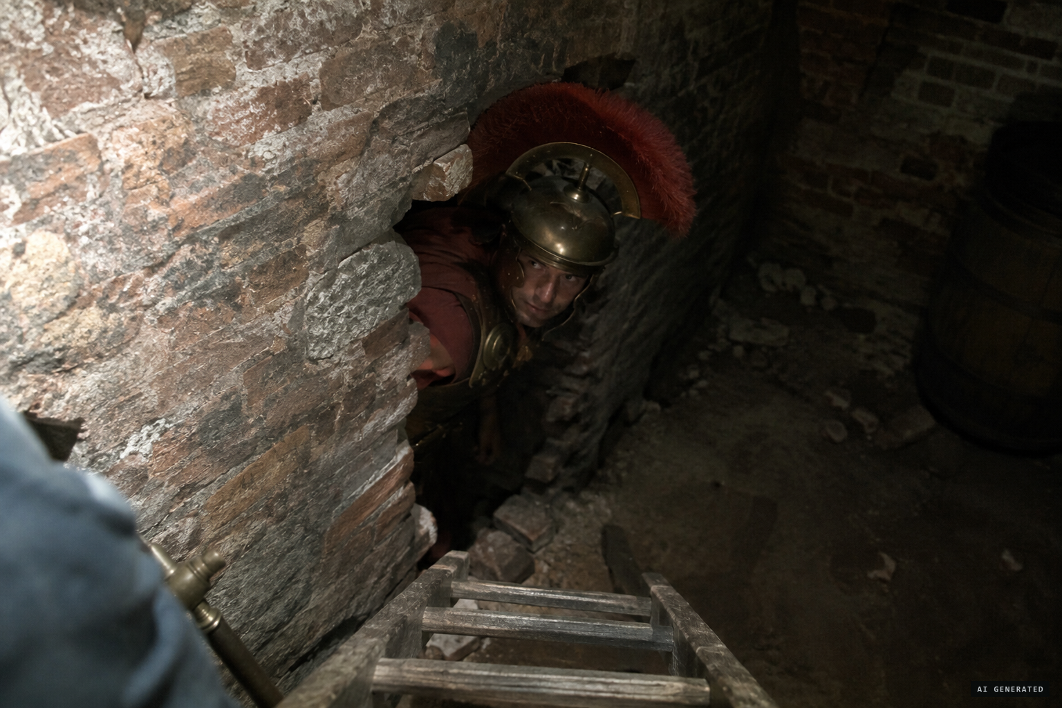 A plumed helmet comes through the wall