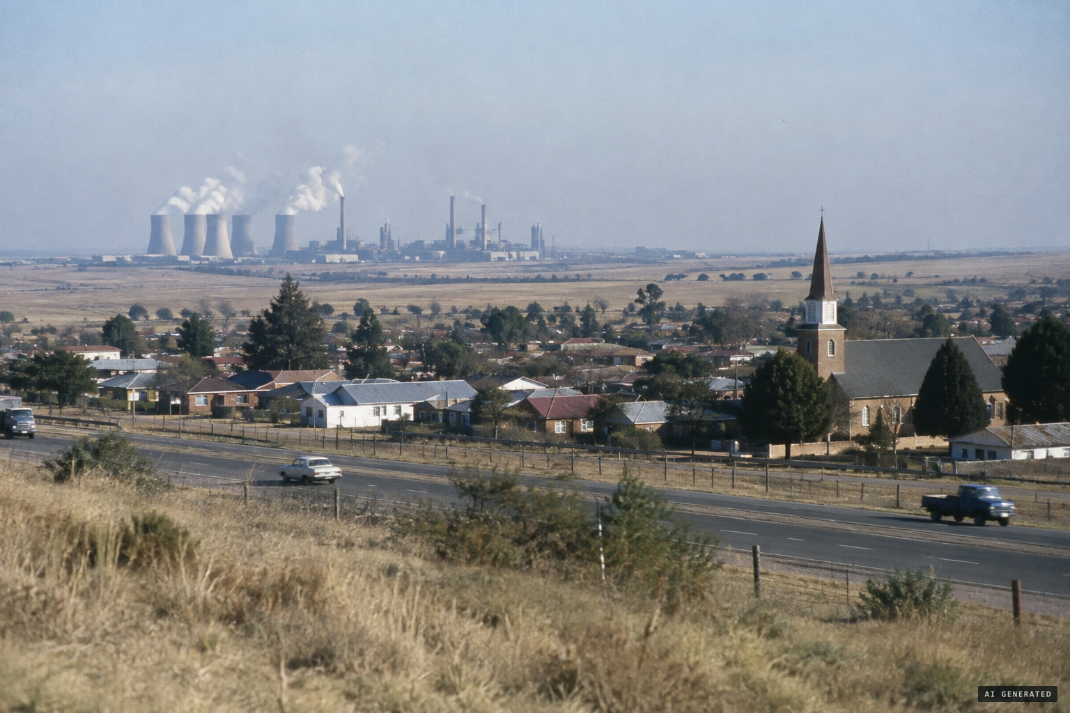 Trichardt on the N17, with Sasol's Secunda plant on the horizon