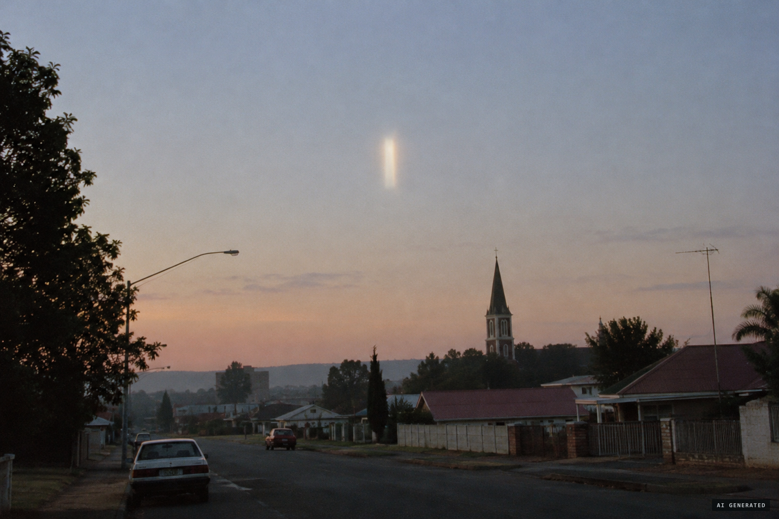 The light hangs above the town